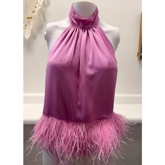 RAMY BROOK Faux Feather Trim Halter Top In Pink Rose - Picture 3 of 4